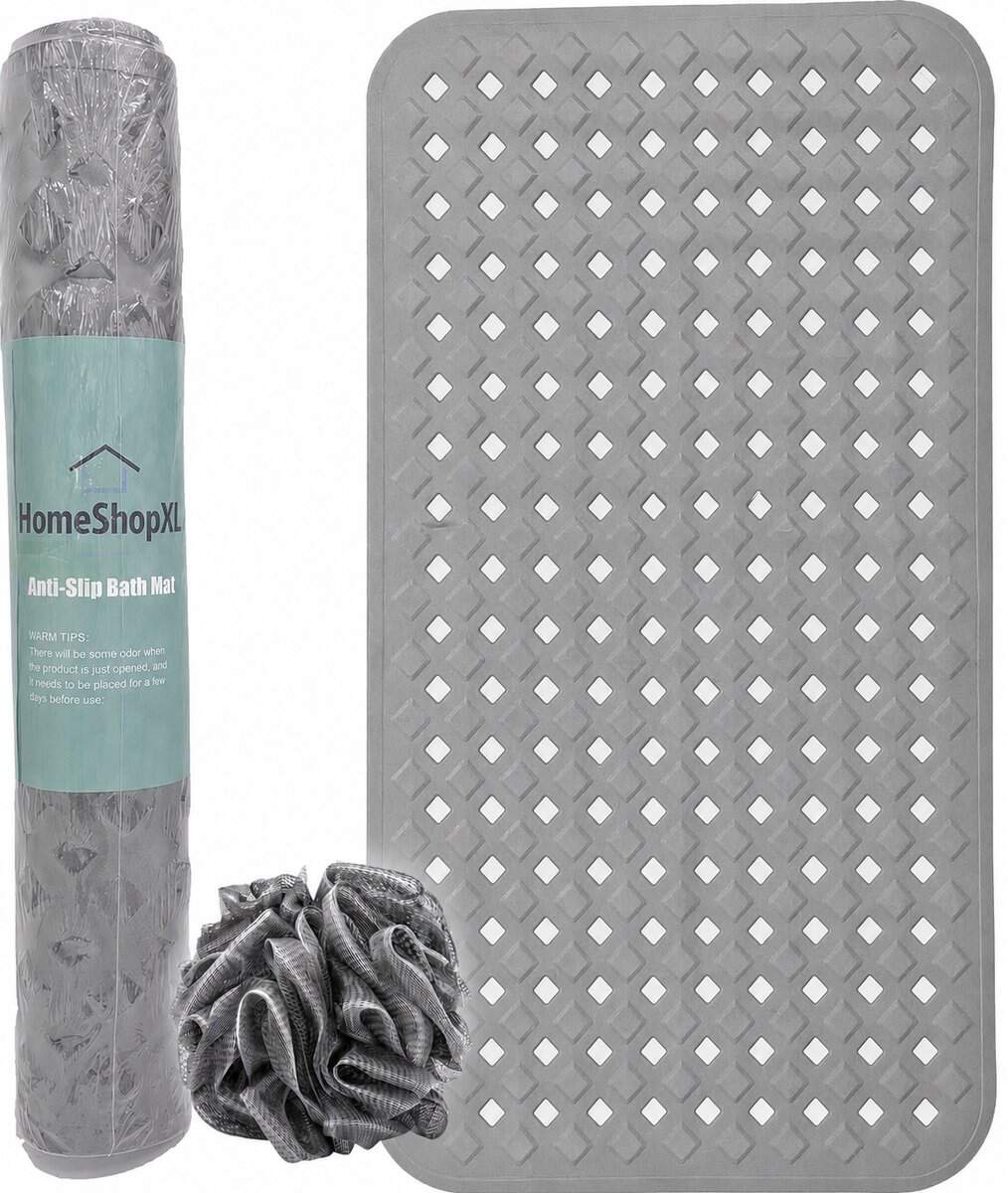 Afbeelding van HSXL - Antislipmat - 88x40CM - Incl. Netspons - Antislip Douchemat / Badmat Grijs met Zuignappen – Mat voor