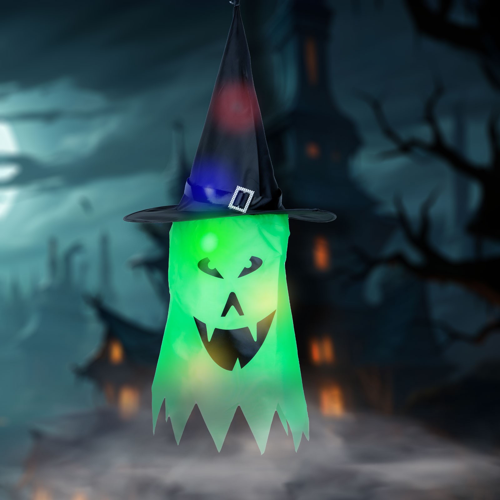 Afbeelding van Halloween LED decoratie - spook - groen - 10 kleuren LED - ophangbaar - 2 x 2032 - 75 x 35 cm 1 Stuks