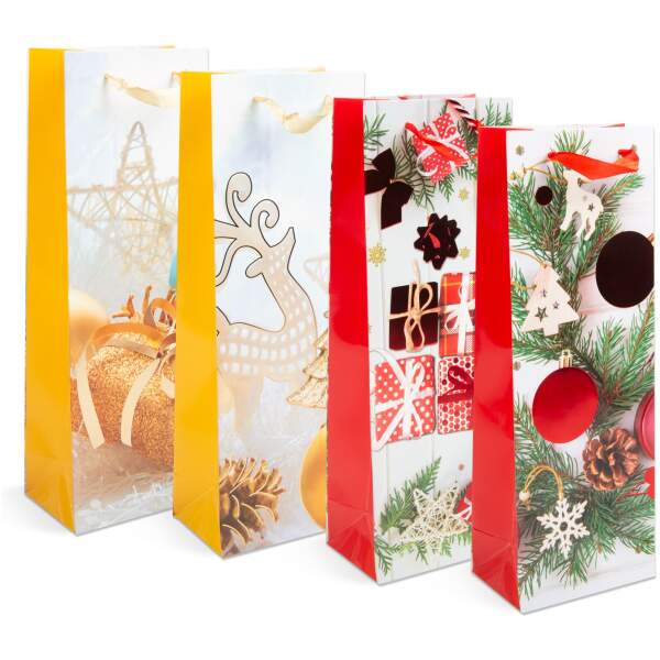 Afbeelding van Flessengeschenkzak - papier, Kerstmis - 360 x 127 x 83 mm - 4 soorten / verpakking 12 Stuks [57108J] - 01