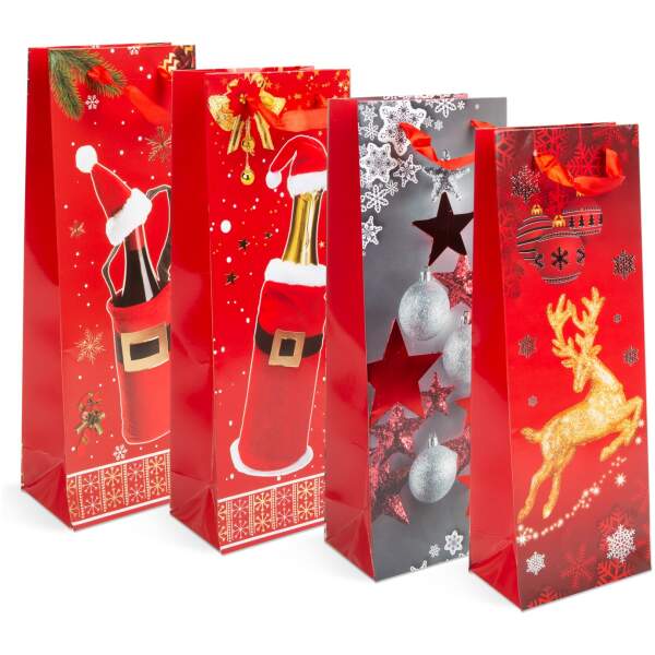Afbeelding van Flessengeschenkzak - papier, Kerstmis - 360 x 127 x 83 mm - 4 soorten / verpakking 12 Stuks [57108K] - 01