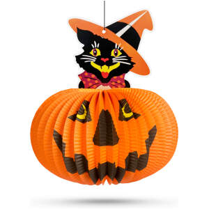 Afbeelding van Halloween pompoen lantaarn - met kattenfiguur - met hanger - 26 cm 1 Stuks [58137A] - 01 58137A web