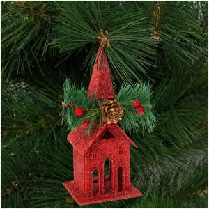Afbeelding van Kerstglitterkerk met hanger - 16 x 6,5 cm - rood 1 Stuks [58677A] - 01 58677A web