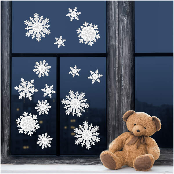 Afbeelding van Kerst raamdecoratieset met ijskristallen - papier, wit 1 Stuks [58743] - 01 58743 web