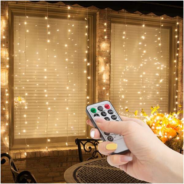 Afbeelding van Lichtgordijn - 100 warmwitte LED's - 3 x 1 m - 230V - met afstandsbediening 1 Stuks [58906A] - 01 58906A