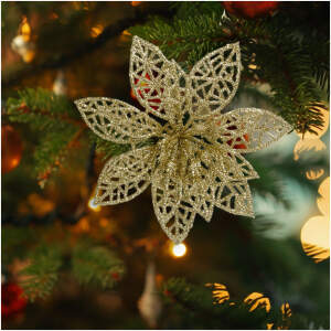 Afbeelding van Kerstversiering - met clips - glitterbloem - goud - 3 stuks / verpakking 1 Stuks [58947A] - 01 58947A web