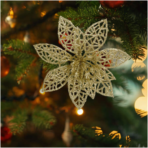 Afbeelding van Kerstversiering - met clips - glitterbloem - goud - 3 stuks / verpakking 1 Stuks [58947A] - 01 58947A web