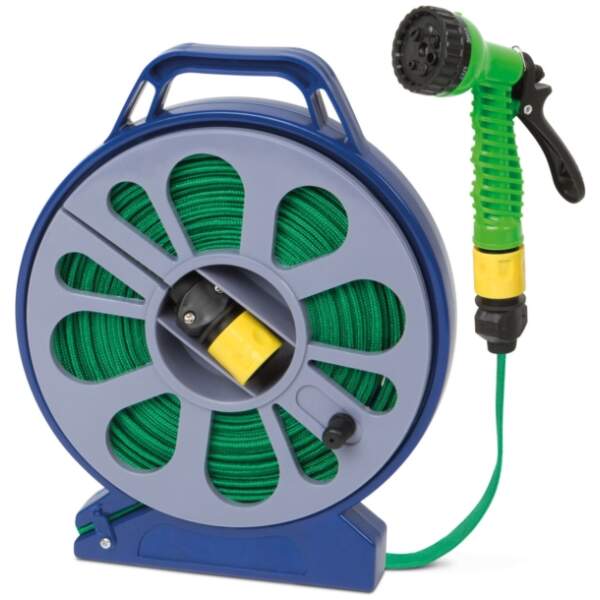 Afbeelding van Irrigatieset - 15 m flexibele stoffen slang met trommel, 7-in-1 sproeikop, connectoren 1 Stuks [DA00431] - 01