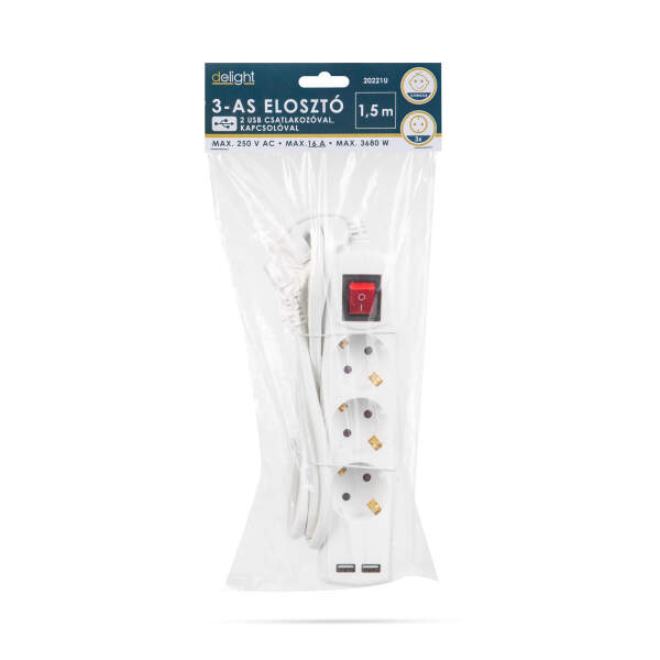 Afbeelding van Stekkerdoos 3-voudig - 3 x 1,5 mm - 1,5 m - met 2 x USB - met schakelaar 1 Stuks [20221U] - 02 20221U web 1