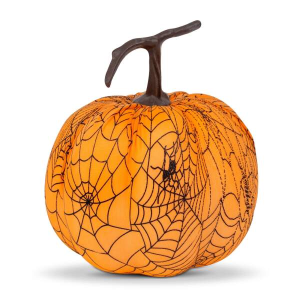 Afbeelding van Halloween pompoendecoratie - 16,5 cm - oranje. spinnenweb - schuim 1 Stuks [56540C] - 02 56540C web
