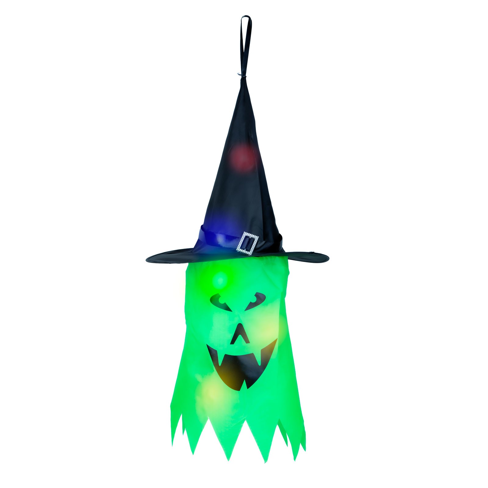 Afbeelding van Halloween LED decoratie - spook - groen - 10 kleuren LED - ophangbaar - 2 x 2032 - 75 x 35 cm 1 Stuks