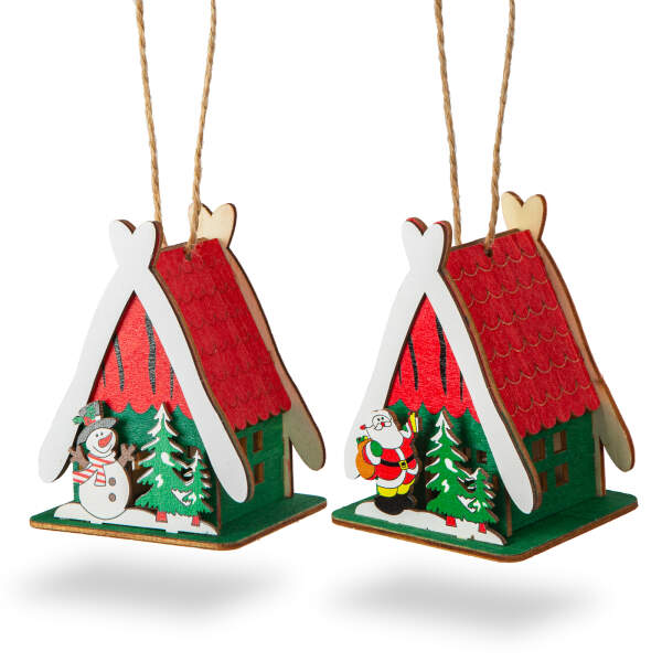 Afbeelding van Kerst LED decoratie huis - warm wit - hout - 2 soorten - 6,9 x 8,9 x 6 cm - 12 stuks / display 1 Stuks