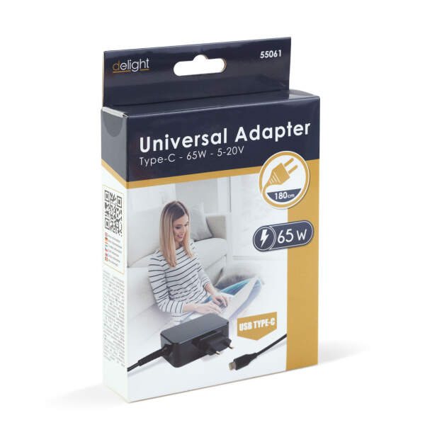 Afbeelding van Adapter - Type-C - 65W - 5-20V - 1,8 m - zwart 1 Stuks [55061] - 03 55061 web