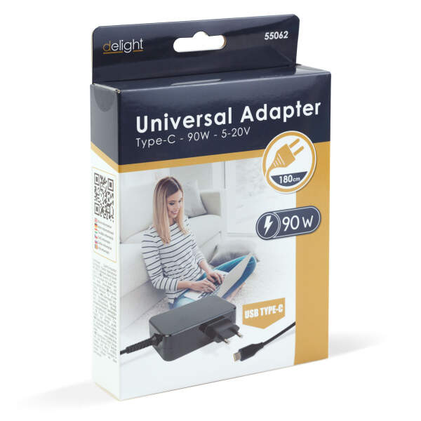 Afbeelding van Adapter - Type-C - 90W - 5-20V - 1,8 m - zwart 1 Stuks [55062] - 03 55062 web