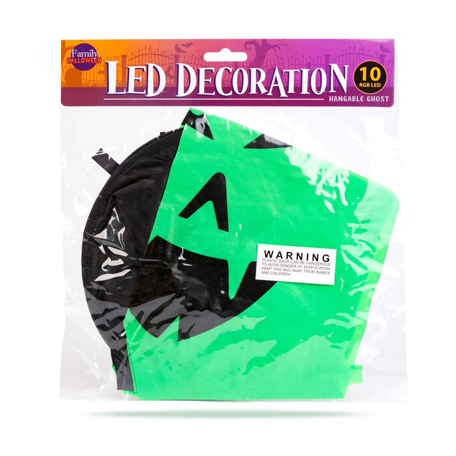 Afbeelding van Halloween LED decoratie - spook - groen - 10 kleuren LED - ophangbaar - 2 x 2032 - 75 x 35 cm 1 Stuks