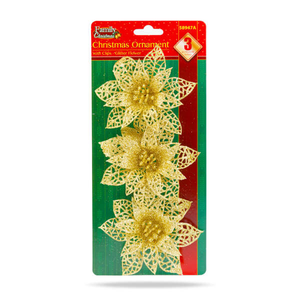 Afbeelding van Kerstversiering - met clips - glitterbloem - goud - 3 stuks / verpakking 1 Stuks [58947A] - 03 58947A web