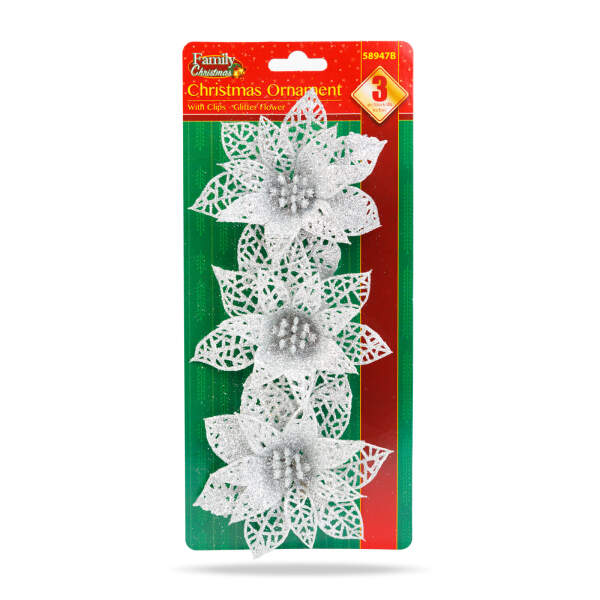 Afbeelding van Kerstversiering - met clips - glitterbloem - zilver - 3 stuks / verpakking 1 Stuks [58947B] - 03 58947B web