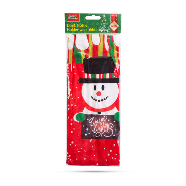 Afbeelding van Kerst drankfleshouder met lint - Sneeuwpop - polyester - 32 x 12,5 cm 1 Stuks [58727B] - 04 58727B web