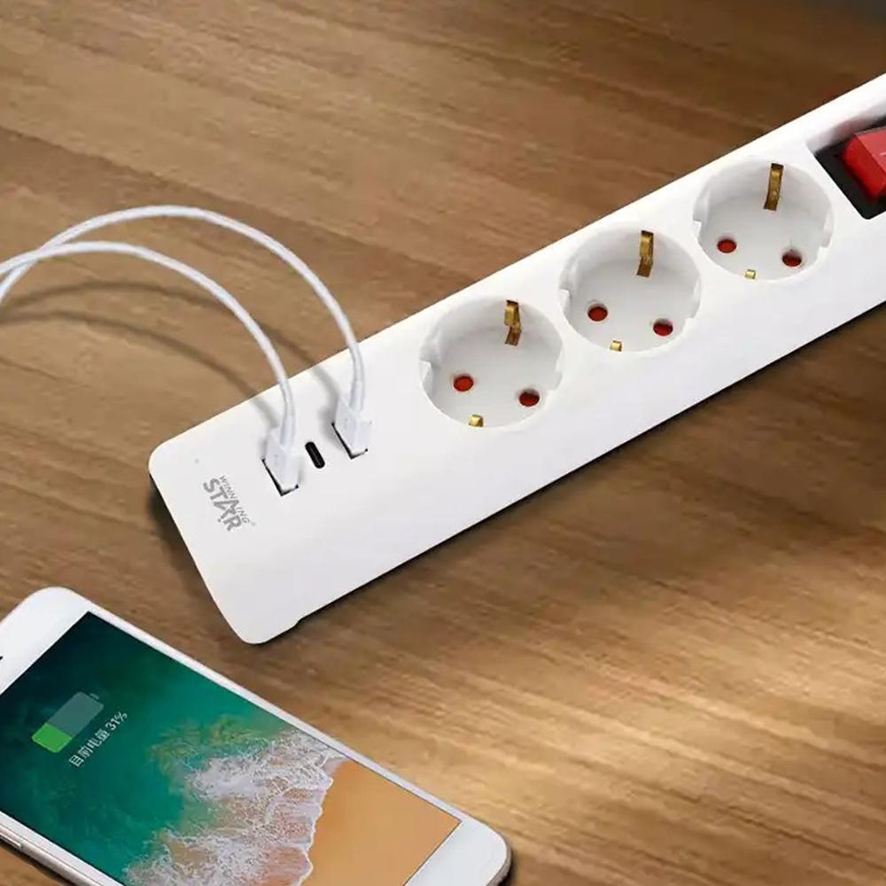 Afbeelding van WinningStar – 3-in-1 stekkerdoos – 3 schakelbare stopcontacten + 2 x USB + 1 x C-type – 3 m 1 Stuks