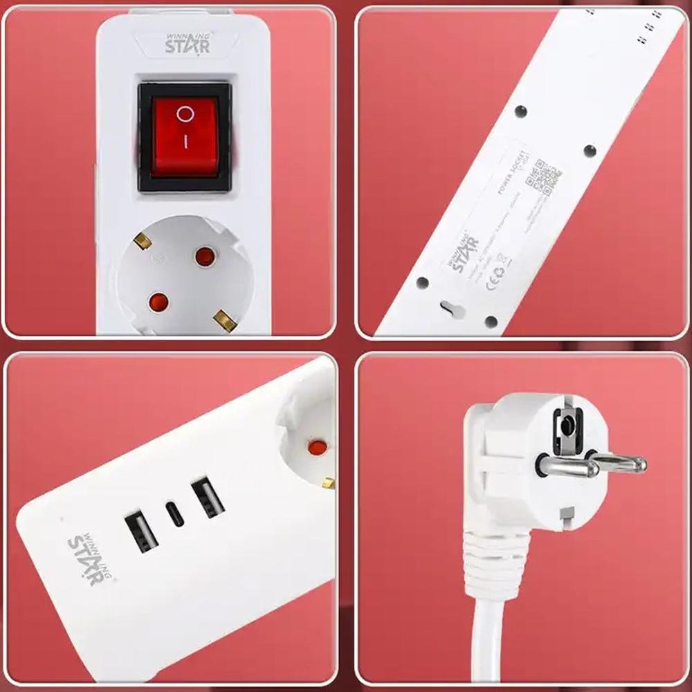 Afbeelding van WinningStar – 3-in-1 stekkerdoos – 3 schakelbare stopcontacten + 2 x USB + 1 x C-type – 3 m 1 Stuks
