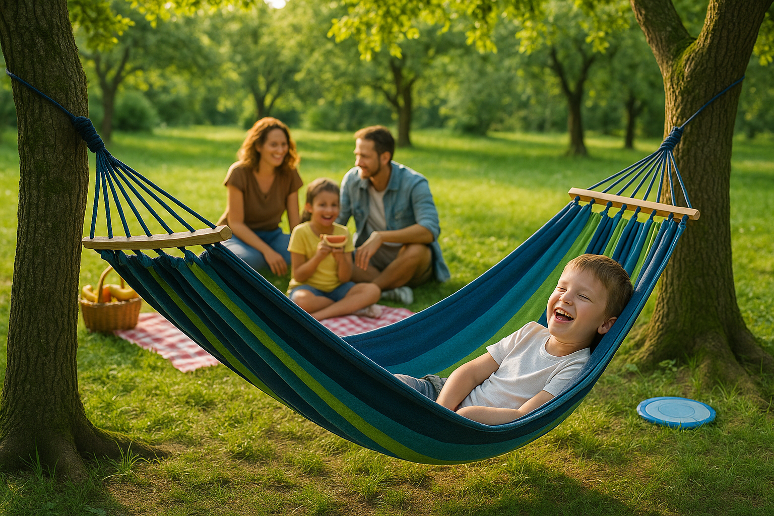 Afbeelding van HSXL Dubbele Hangmat Blauw met Spreidstok en Touwen - 1 of 2 Persoons - Lig Oppervlak 190x150cm - Lengte