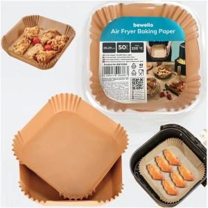 Afbeelding van Bewello Airfryer Bakpapier Vierkant - 23x23 cm - Air Fryer Bakpapier XXXL - Airfryer Wegwerpbakjes - 50 stuks