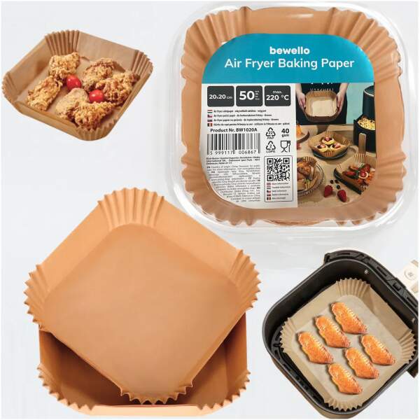 Afbeelding van Bewello Airfryer Bakpapier Vierkant - 20x20 cm - Air Fryer Bakpapier XXL - Airfryer Wegwerpbakjes - 50 stuks