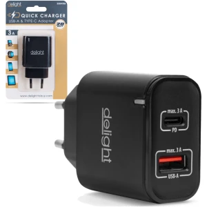 Afbeelding van Dubbele USB Stekker Oplader met 2 poorten PD20W - Zwart - Snellader - USB A & USB C Lader - Oplaadblok -