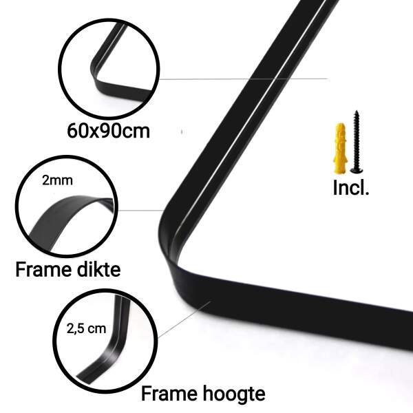 Afbeelding van HSXL - Spiegels - Luxe Rechthoekige Spiegel Zwart - 60x90cm Groot - Grote Wandspiegel 60 x 90 cm Rechthoek