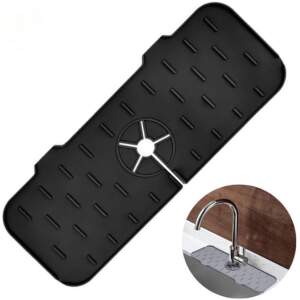 Afbeelding van HSXL - Kraanmat Zwart - Siliconen - 36.5 x 14 cm - Vaatwasbestendig - Streepjes patroon - Afdruipmat voor