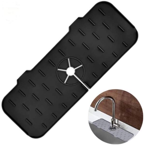 Afbeelding van HSXL - Kraanmat Zwart - Siliconen - 36.5 x 14 cm - Vaatwasbestendig - Streepjes patroon - Afdruipmat voor