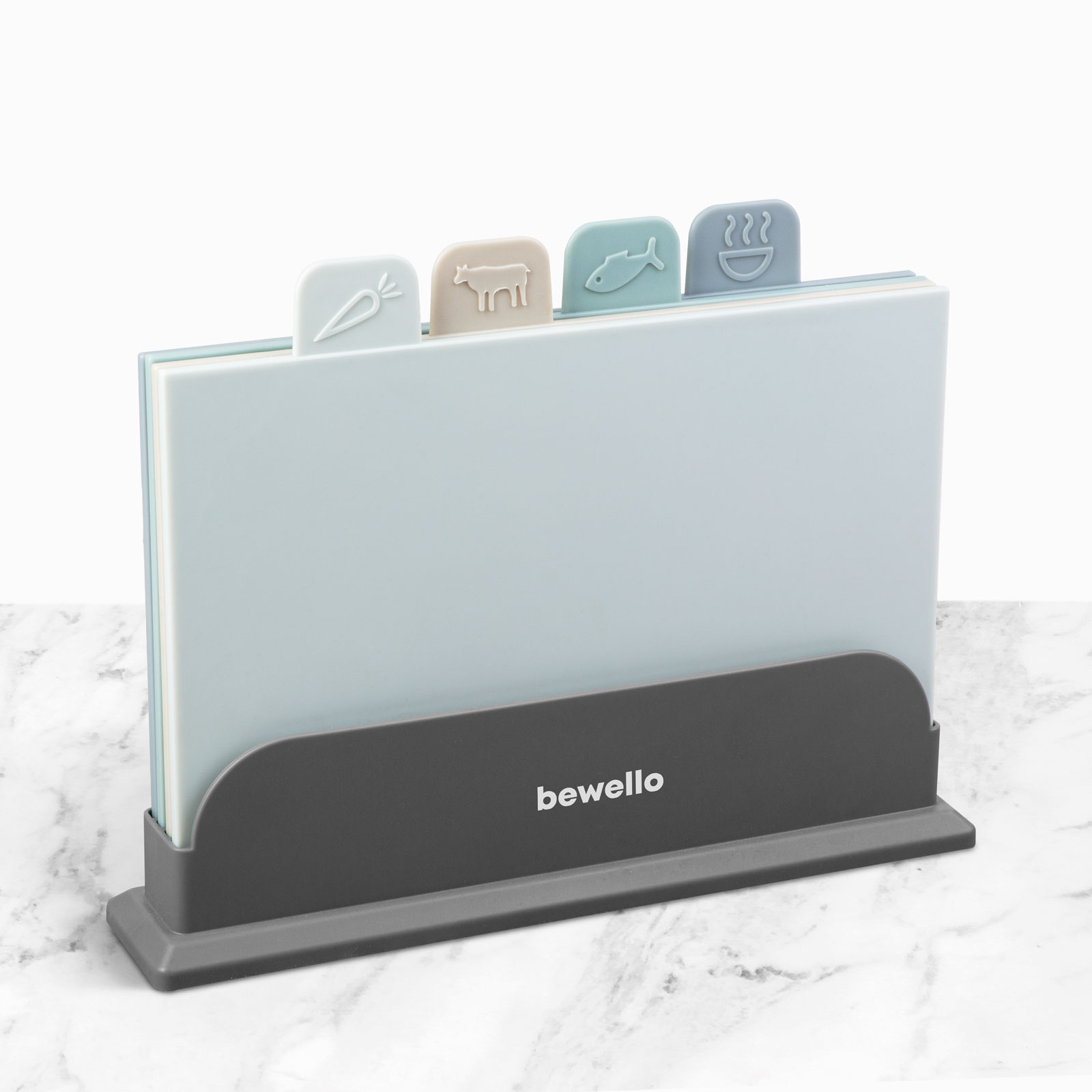 Afbeelding van Bewello - 4-delige Snijplankenset met Houder in Grijs, Beige, Blauw en Groen - Snijplank Kunststof - 106d