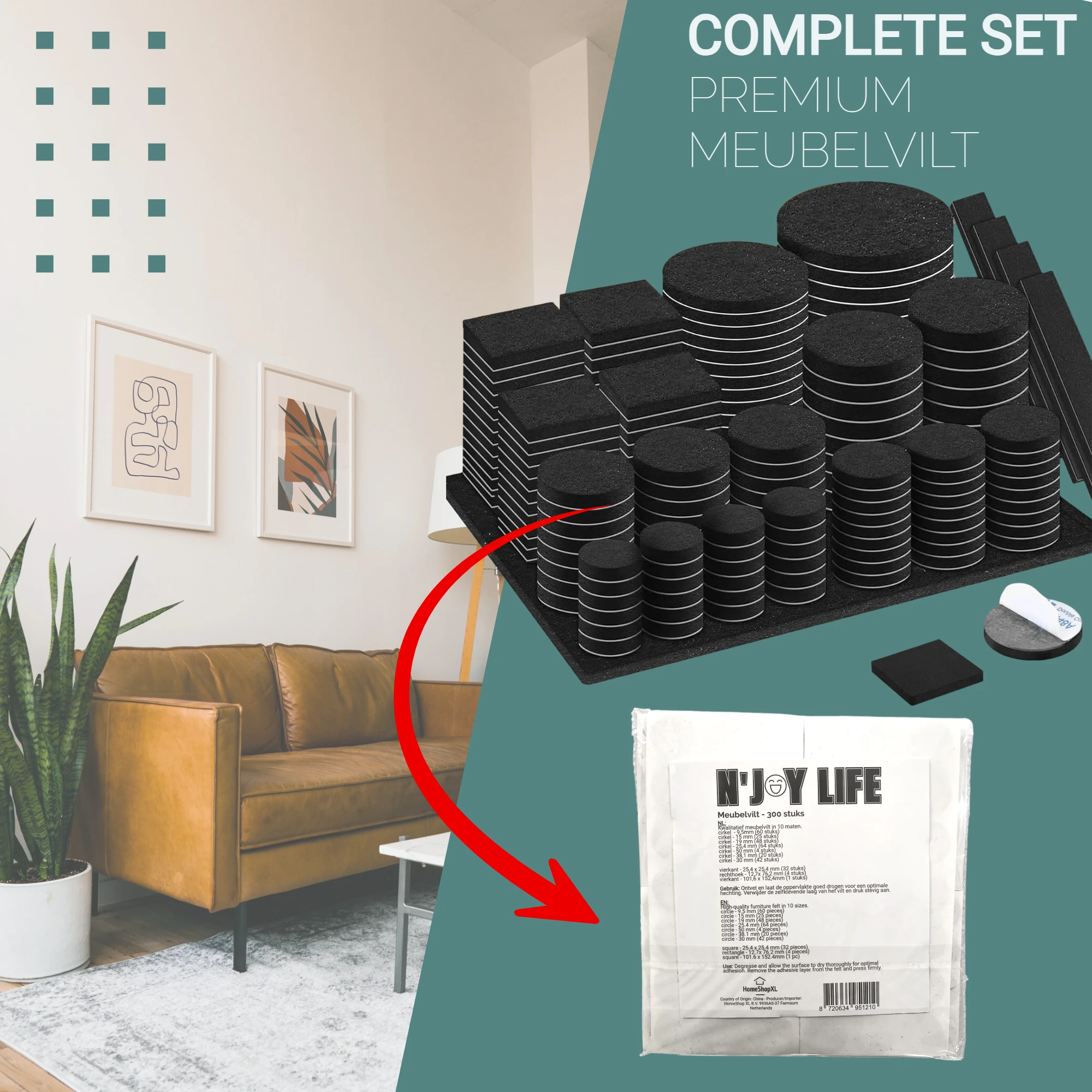 Afbeelding van 300x N'JOY LIFE Premium Viltjes Stoelpoten - Zwart - Zelfklevend Anti Kras Meubelvilt voor Meubels - 300