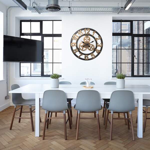 Afbeelding van HSXL - 60cm Grote Stille Wandklok Landelijk en Industrieel uit Zwart met Goud Hout - Groot - 60 cm - Houten