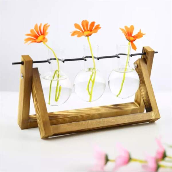 Afbeelding van Planten Vaasjes Terrarium Stekjes - Houder van hout met glas - Hydrocultuur Bolvaasjes Standaard Plantenrek -