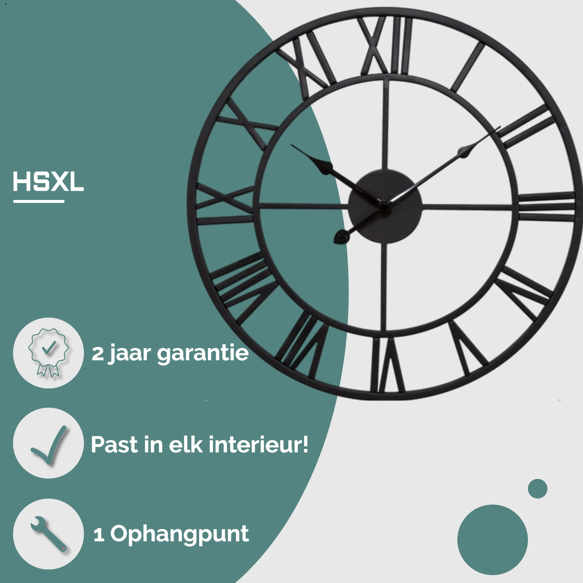 Afbeelding van HSXL - 60cm Grote Stille Wandklok Landelijk en Industrieel uit Zwart Metaal - Groot - 60 cm - Metalen