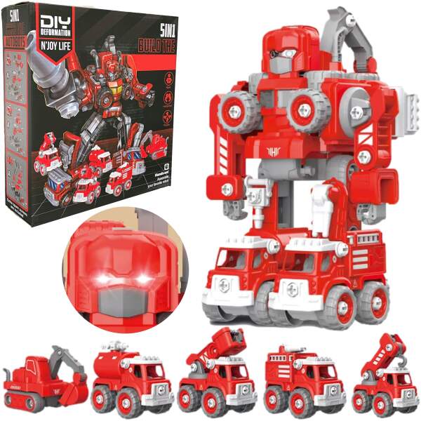 Afbeelding van N´JOY Life - Robot speelgoed - Rood 5 in 1 - Robots - Politie - Brandweerauto - Bouwpakket - Speelfiguren