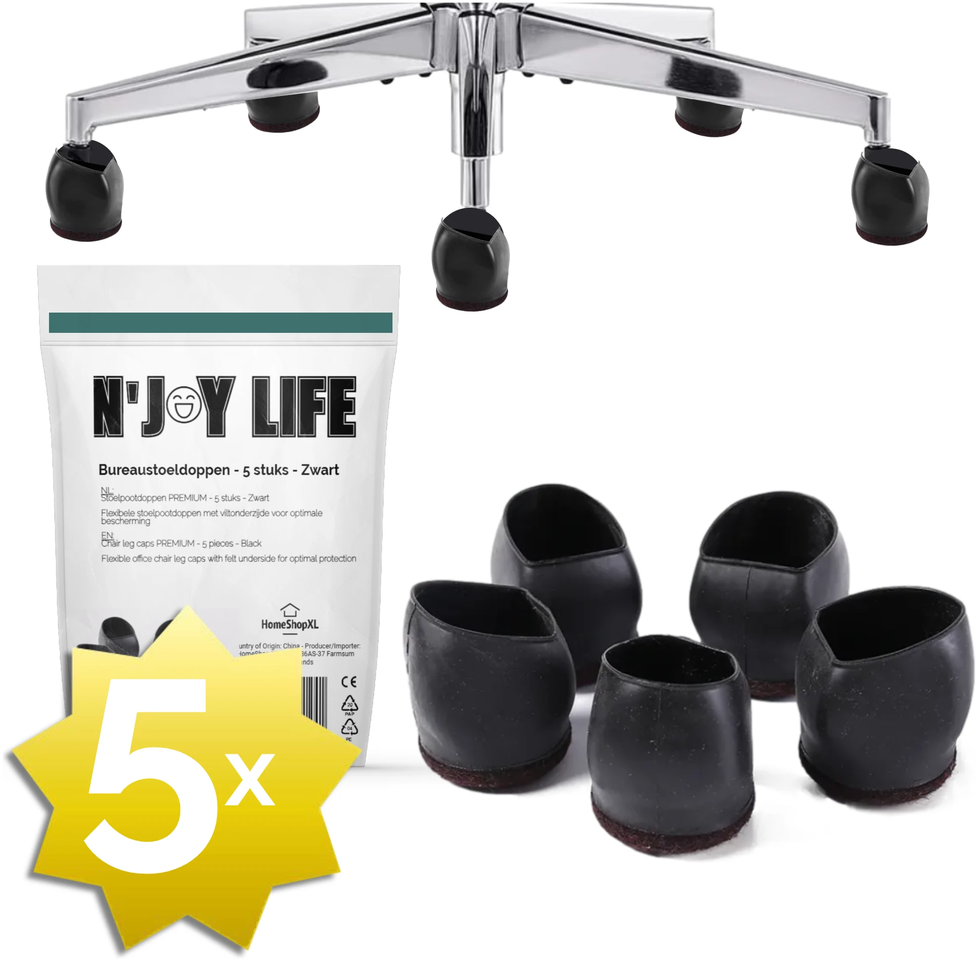 Afbeelding van N'JOY LIFE - 5x Premium Bureaustoel Stoelpoot Beschermers Flexibel - Stoelpootdoppen Bureaustoel Wielen