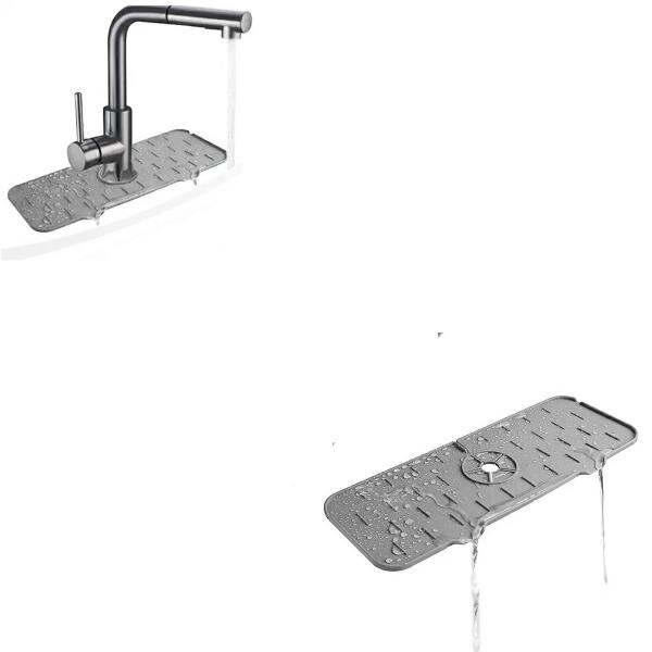 Afbeelding van HSXL - Kraanmat Grijs - Siliconen - 36.5 x 14 cm - Vaatwasbestendig - Streepjes patroon - Afdruipmat voor