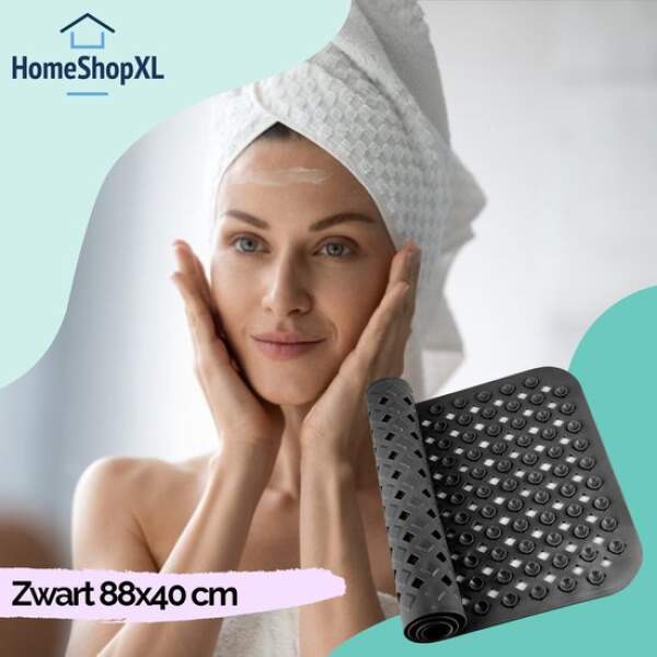 Afbeelding van HSXL - Antislipmat - 88x40CM - Incl. Netspons - Antislip Douchemat / Badmat Zwart met Zuignappen – Mat voor