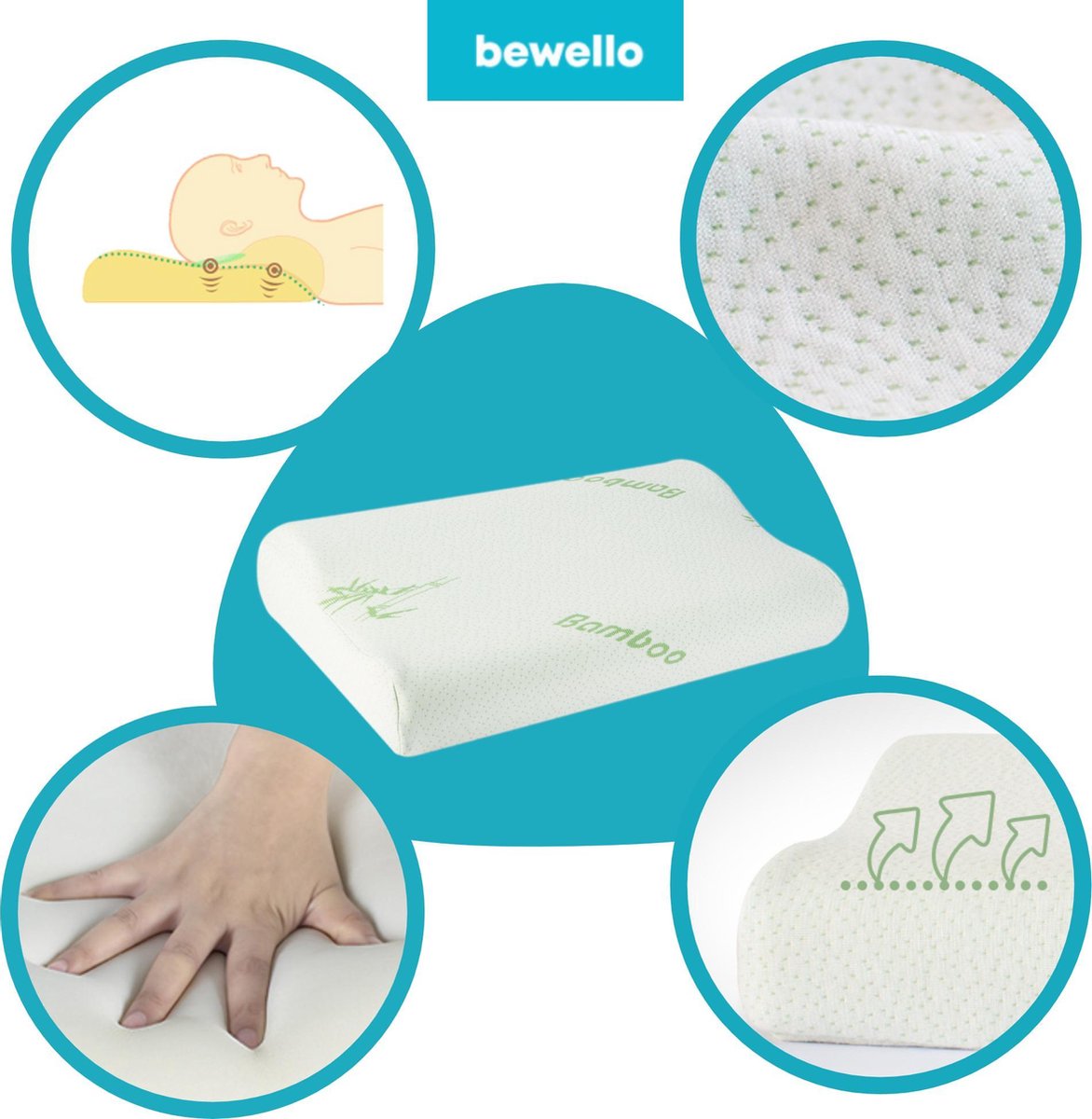 Afbeelding van Bewello® - Ergonomisch Hoofdkussen tegen Nekklachten - Kussen 50x30CM - met Hoes - Ergonomisch Traagschuim
