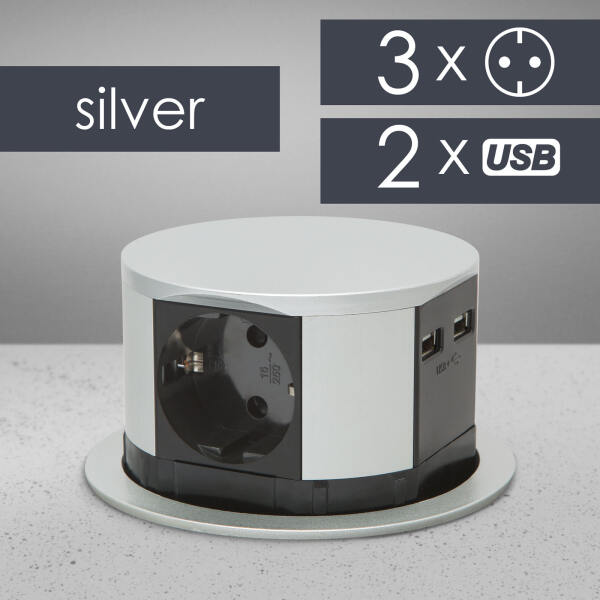 Afbeelding van DELIGHT - Inbouw Pop-Up Tafelblad Stekkerdoos met 2x USB en 3 Stopcontacten - Zilver - Lage inbouwdiepte -