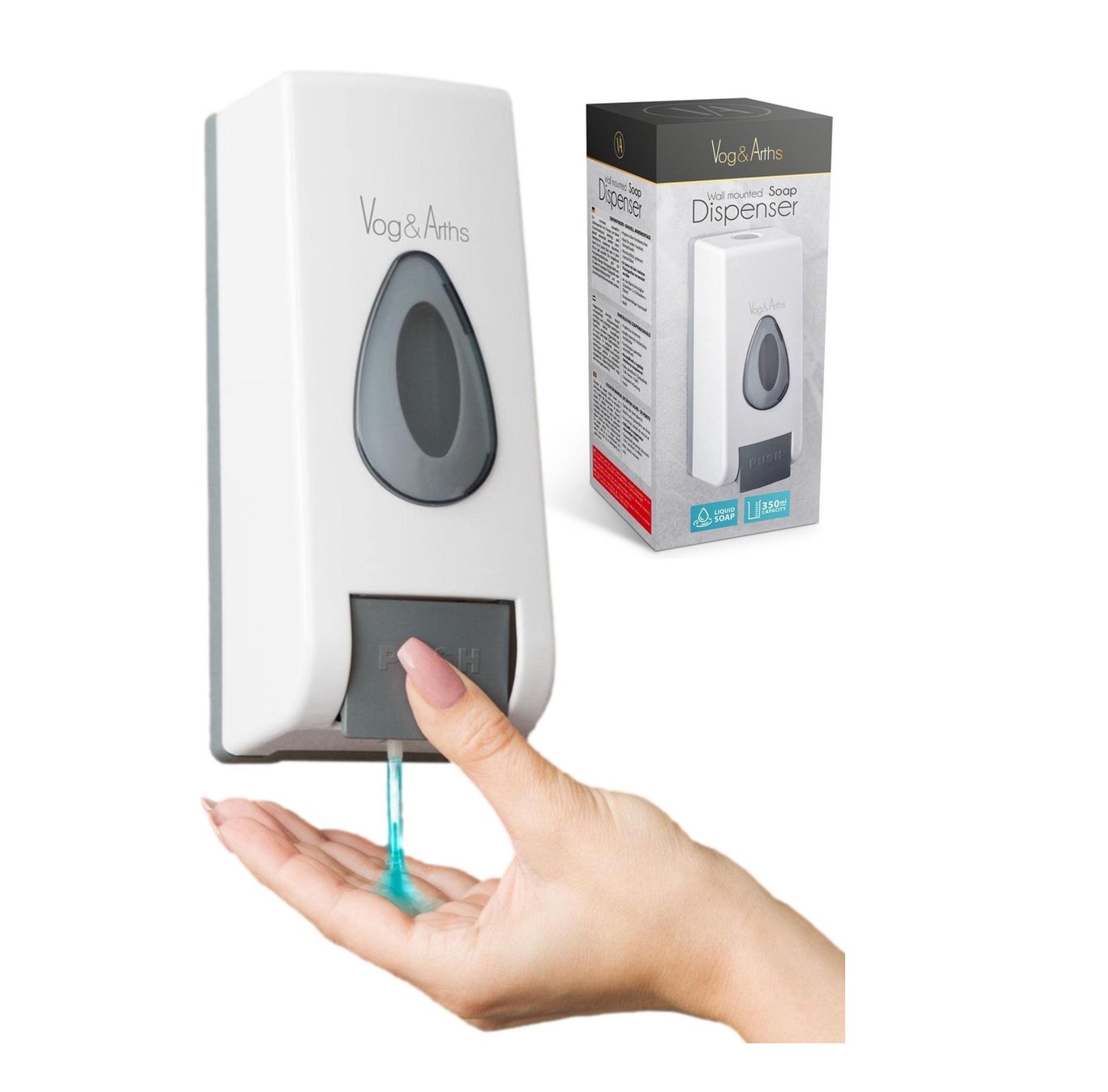 Afbeelding van Vog&Arths - Zeepdispenser Wandmontage - Hangend Zeeppompje Muur - Wit - Mechanische Zeep pomp - 350ML -