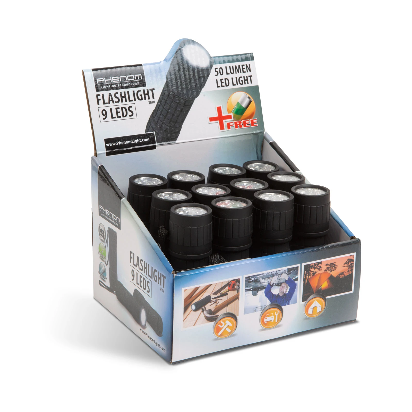 Afbeelding van PHENOM - Krachtige Mini LED Zaklamp - Zwart - 1 stuk - Spatwaterdicht - 9 LED - 50lm - Incl. gratis 3x AAA