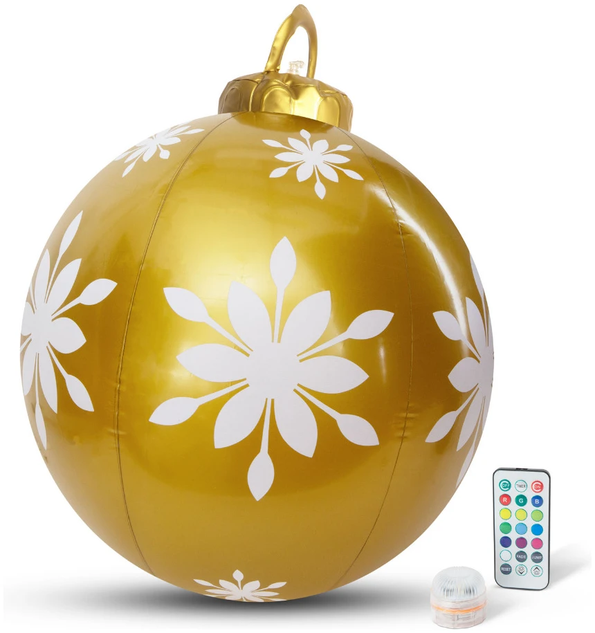 Afbeelding van Kerstverlichting Buiten op Batterijen - Opblaasbare Reuze Kerstbal Verlicht 60 cm - Goud/Wit - RGB kleuren +