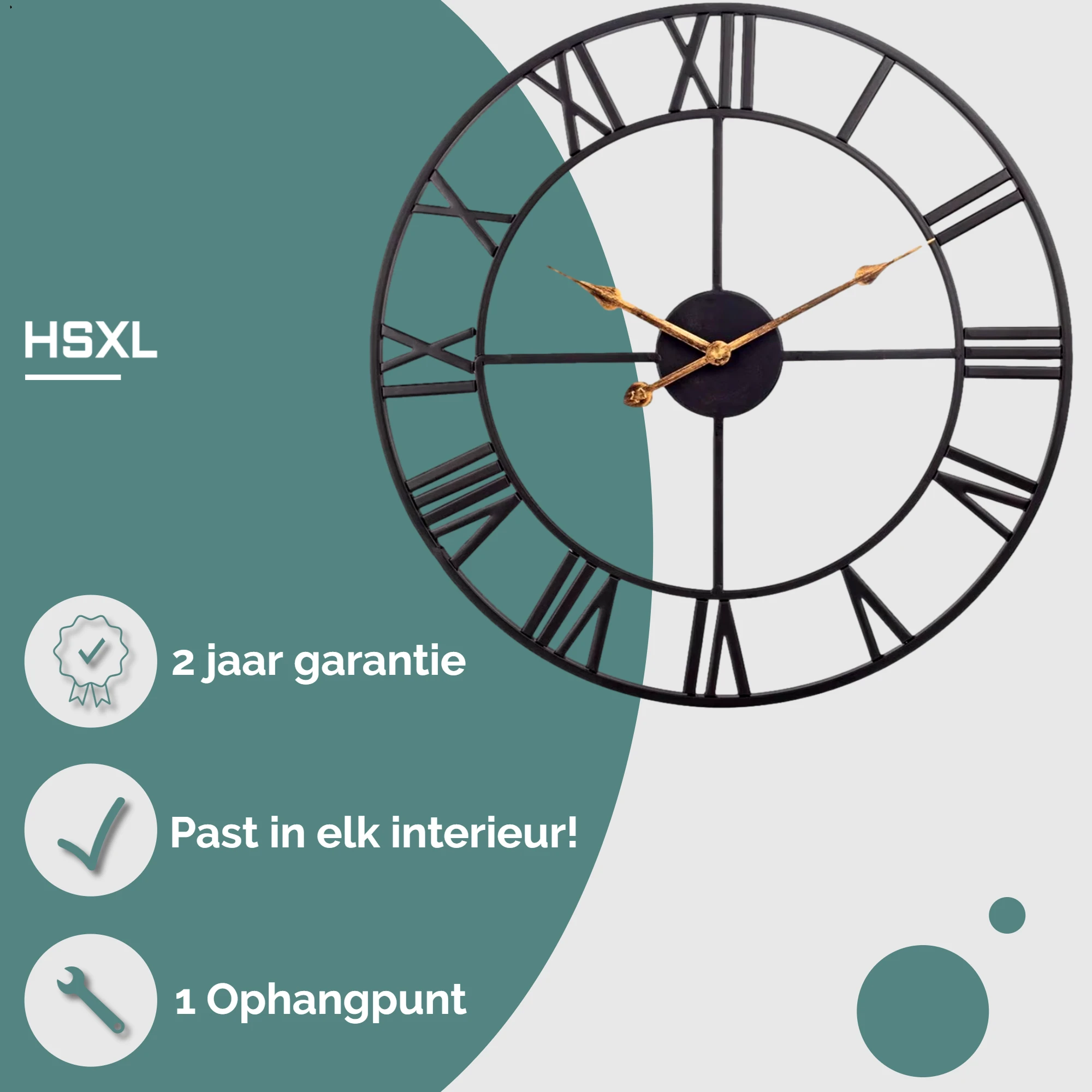 Afbeelding van HSXL - 60cm Grote Stille Wandklok Landelijk en Industrieel uit Zwart en Goud Metaal - Groot - 60 cm - Metalen