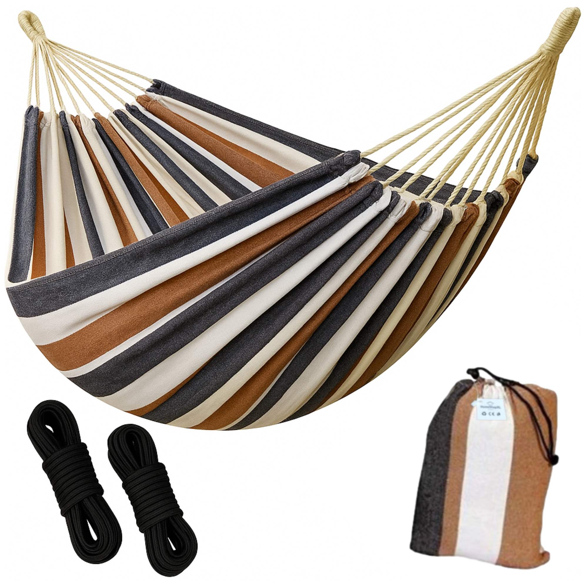 Afbeelding van HSXL Dubbele Hangmat Bruin Wit Blauw met Touwen - 1 of 2 Persoons - Lig Oppervlak 200x150cm - Lengte 260cm -
