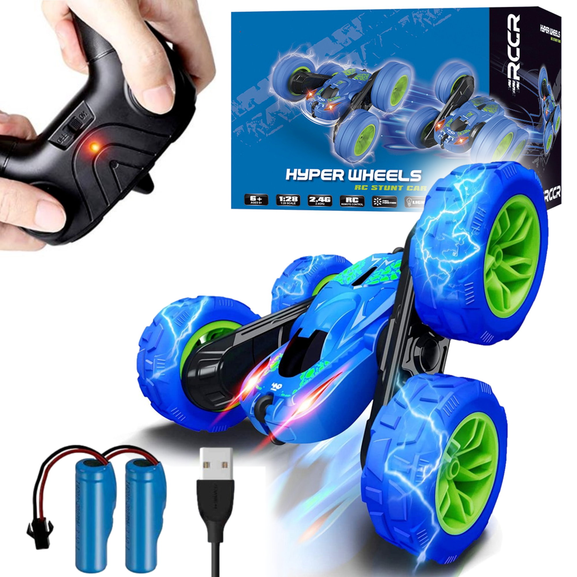 Afbeelding van HyperWheels - Bestuurbare Auto voor Jongens - Speelgoed Stuntauto voor Binnen of Buiten - Blauw met Groen -