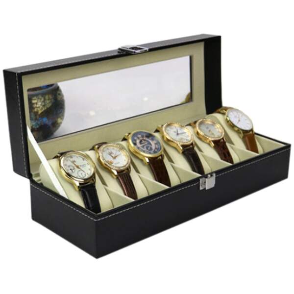 Afbeelding van Luxe Horloge Doos – Opbergdoos – 6 Vakken Horlogedoos - Sieradendoos – Kist - Verwijderbare Kussens –