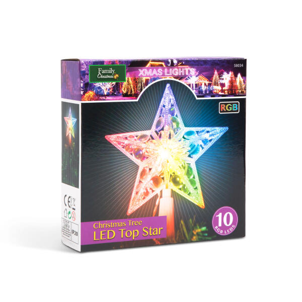 Afbeelding van Kerstboom Piek - Verlichte Piek - Ster RGB LED verlichting - 10 LEDs - 15 cm - RGB - Op Batterijen 2 x AA