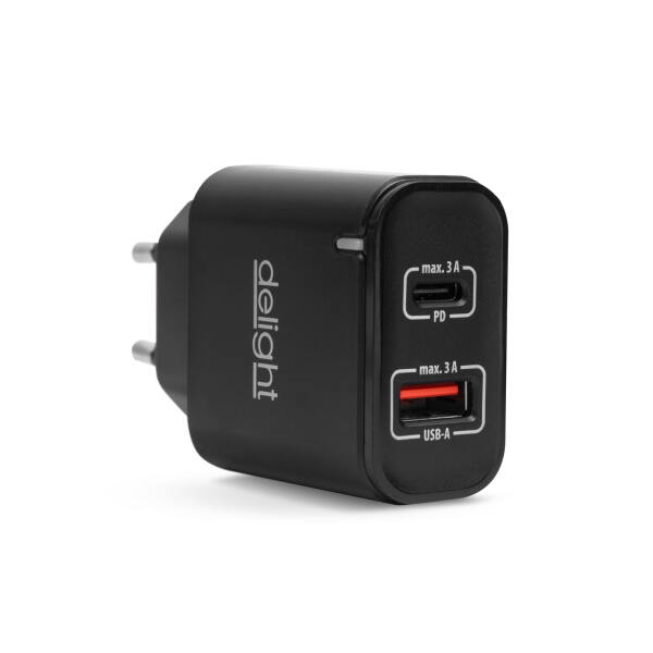 Afbeelding van Dubbele USB Stekker Oplader met 2 poorten PD20W - Zwart - Snellader - USB A & USB C Lader - Oplaadblok -